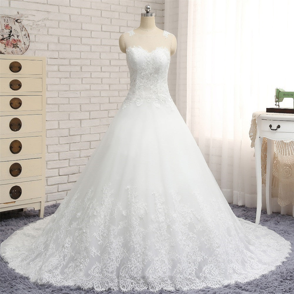 Chic White A-line Tulle Wedding Dresses Jewel Sleeveless Ruffle Bridal Gowns With Appliques On Sale