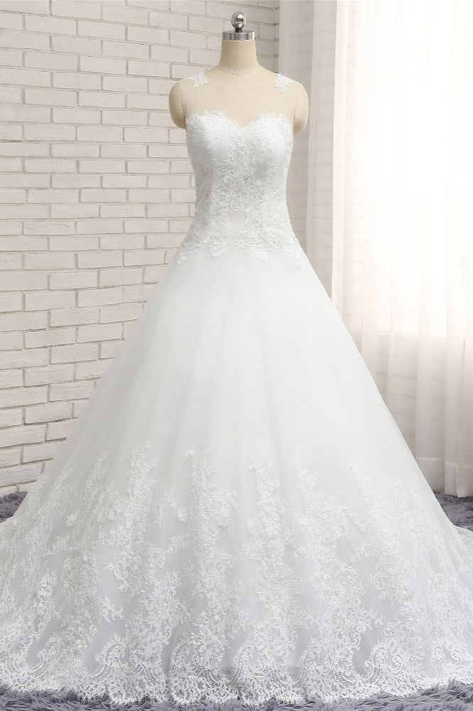 Chic White A-line Tulle Wedding Dresses Jewel Sleeveless Ruffle Bridal Gowns With Appliques On Sale