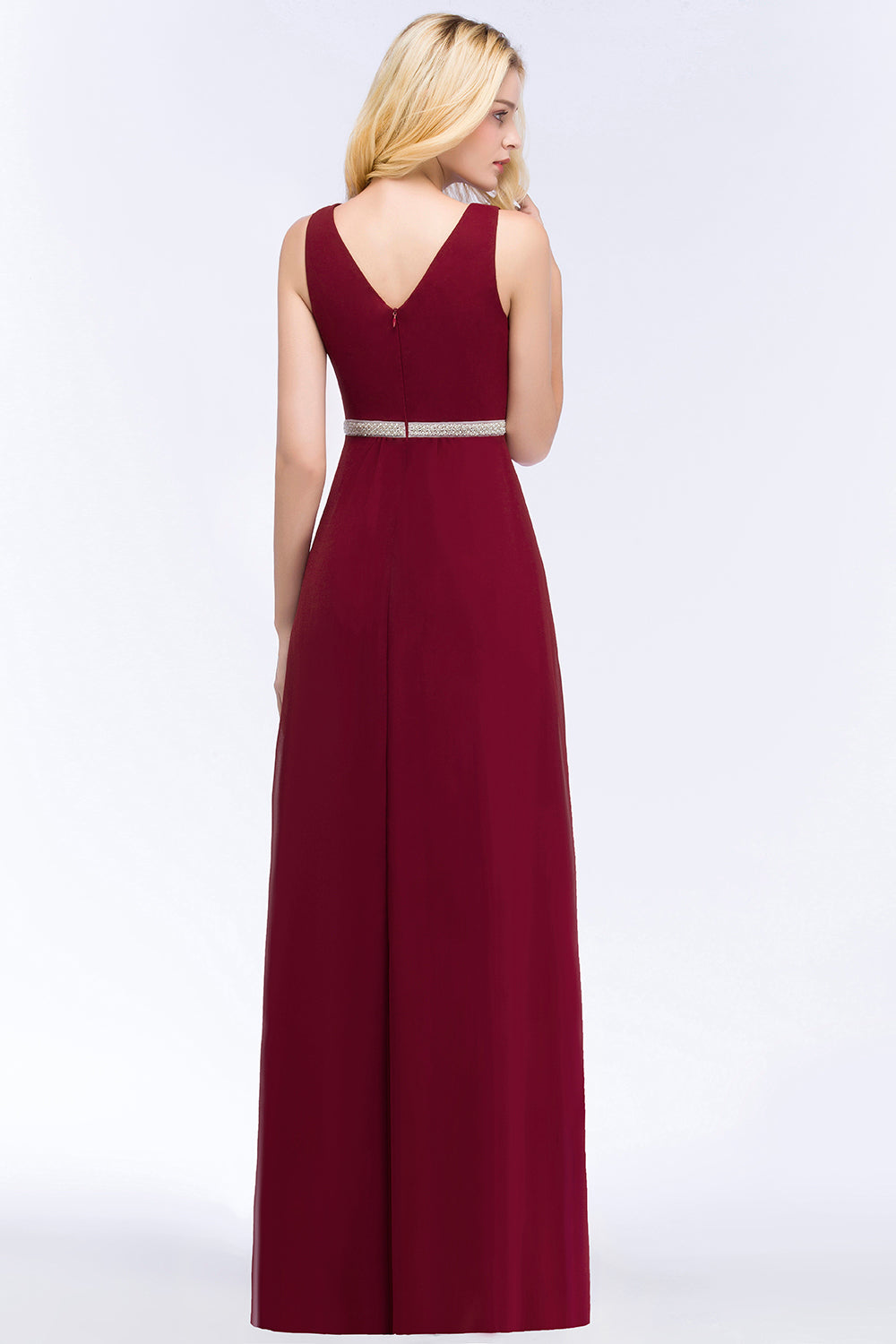 Chiffon Burgundy Long Affordable Bridesmaid Dress With Beading Sash