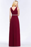 Chiffon Burgundy Long Affordable Bridesmaid Dress With Beading Sash