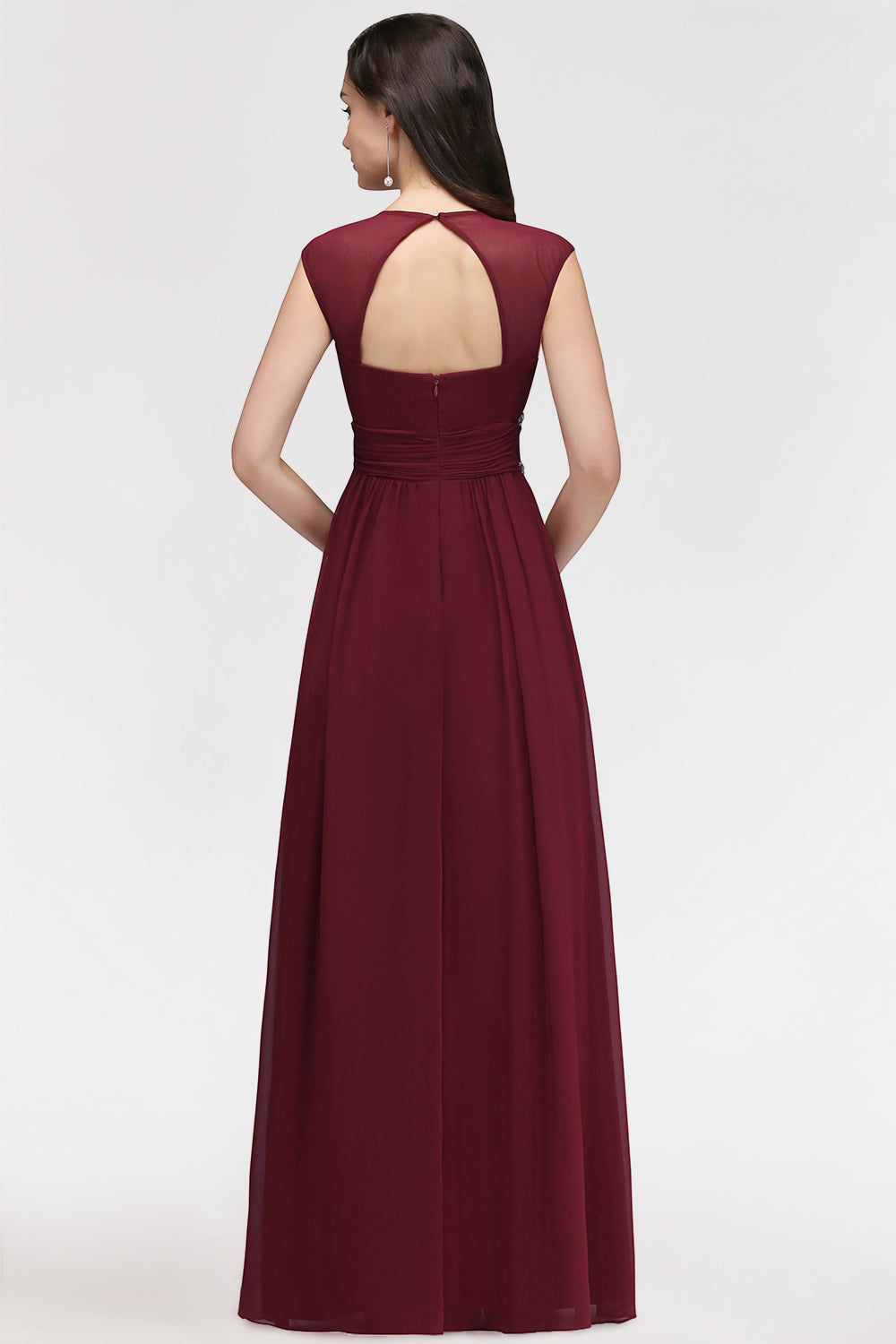 Chiffon Burgundy V-Neck Cap Sleeve Bridesmaid Dress with Beadings