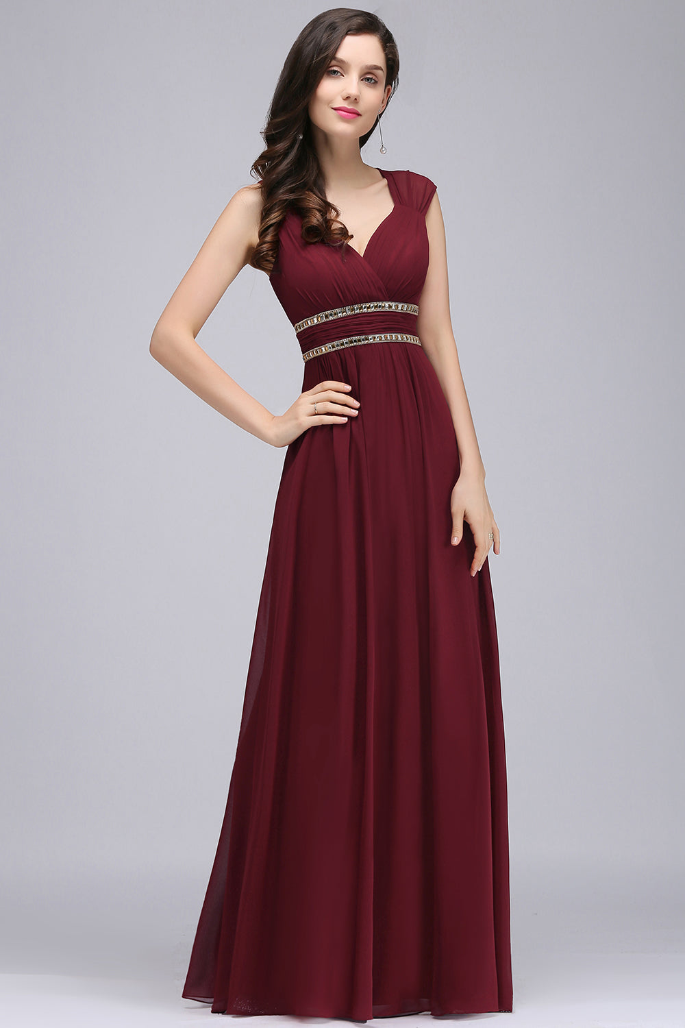 Chiffon Burgundy V-Neck Cap Sleeve Bridesmaid Dress with Beadings