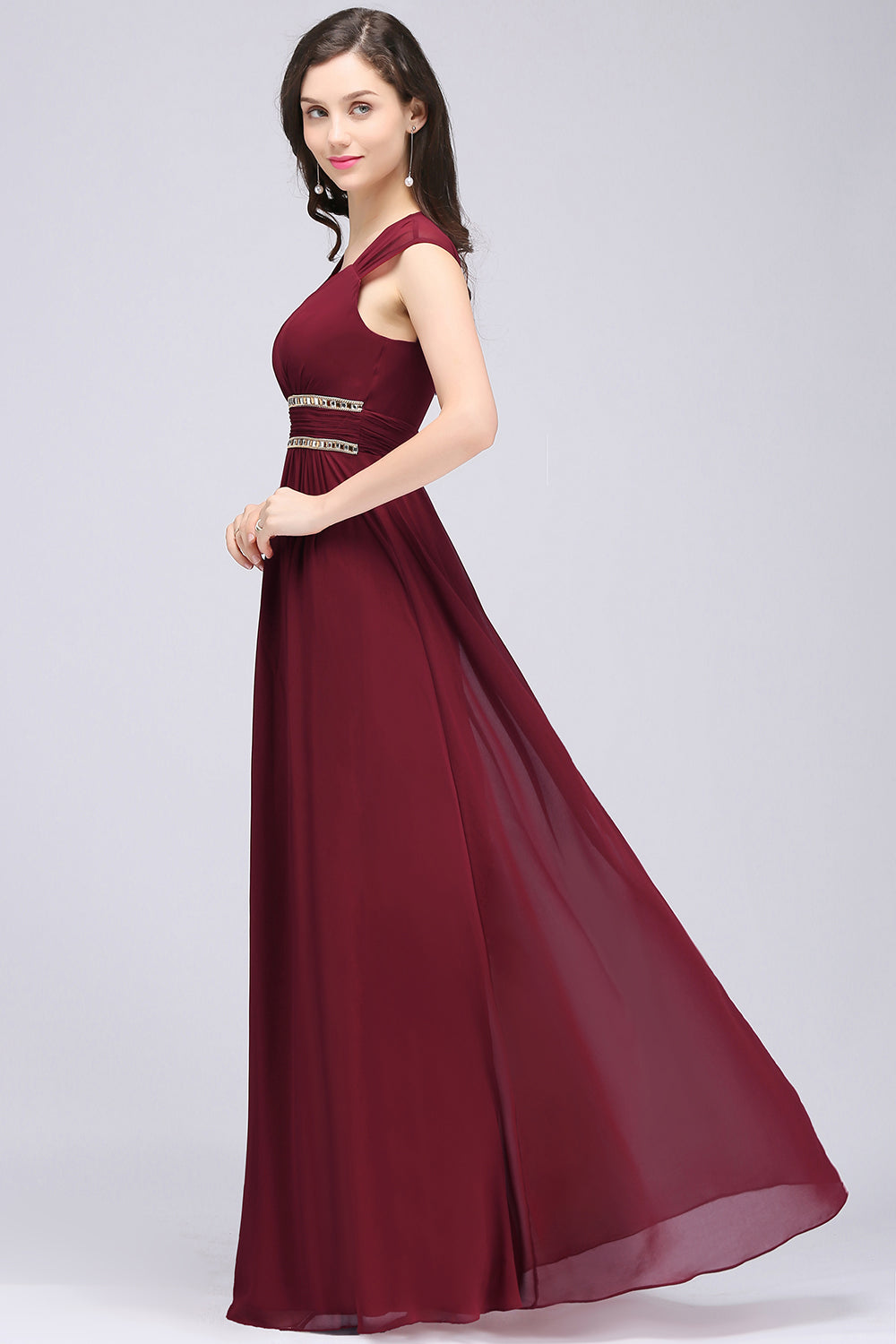 Chiffon Burgundy V-Neck Cap Sleeve Bridesmaid Dress with Beadings