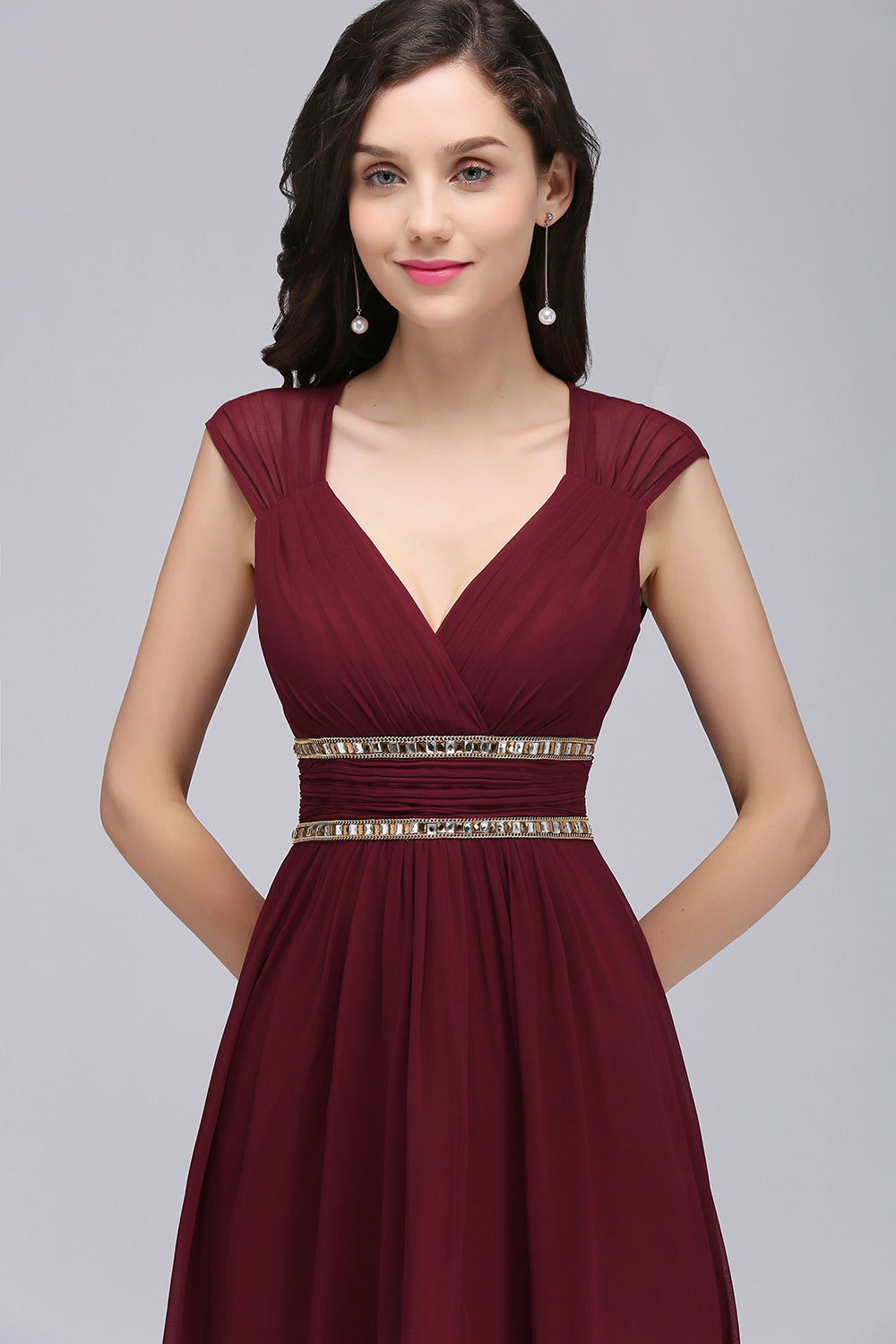 Chiffon Burgundy V-Neck Cap Sleeve Bridesmaid Dress with Beadings