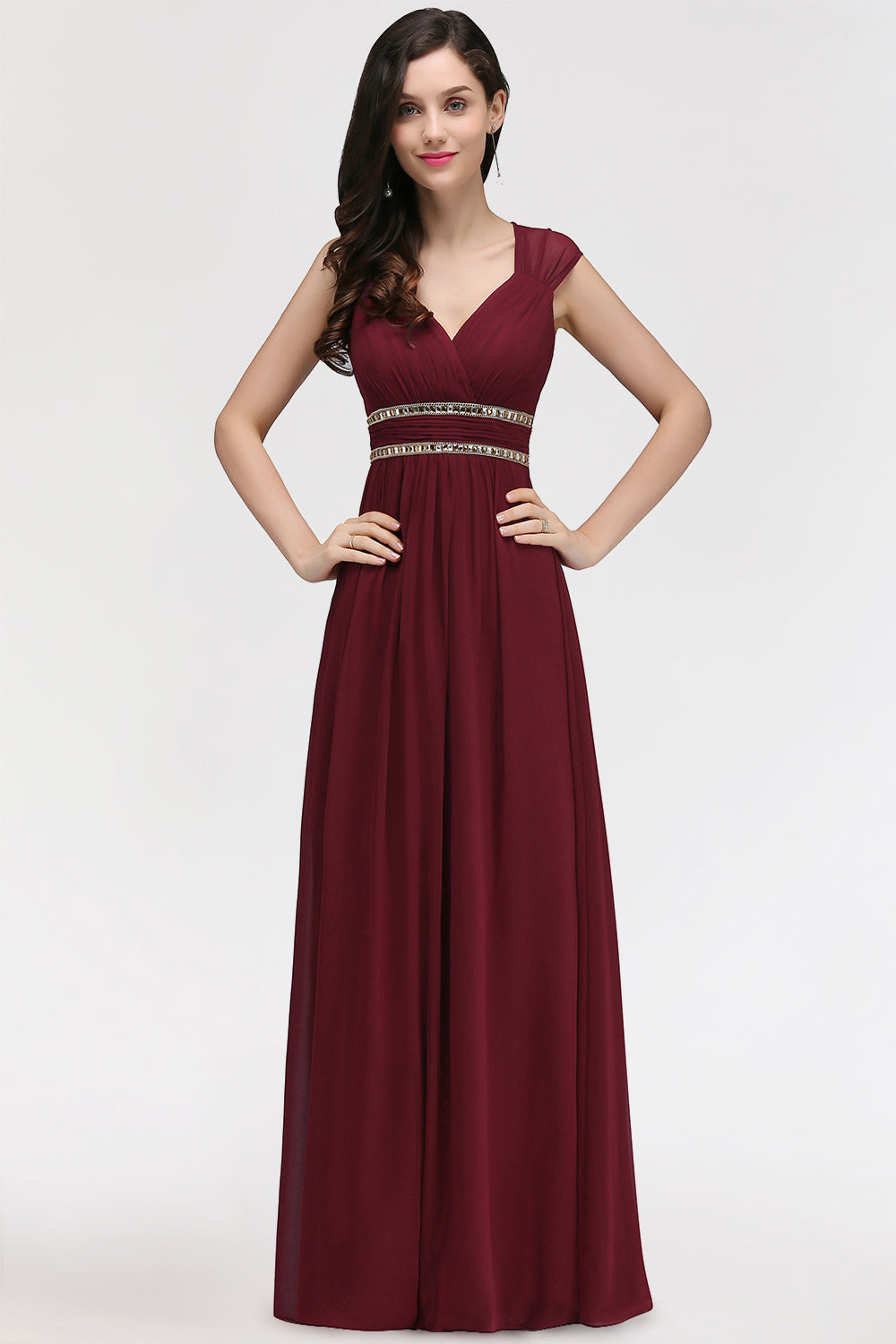 Chiffon Burgundy V-Neck Cap Sleeve Bridesmaid Dress with Beadings