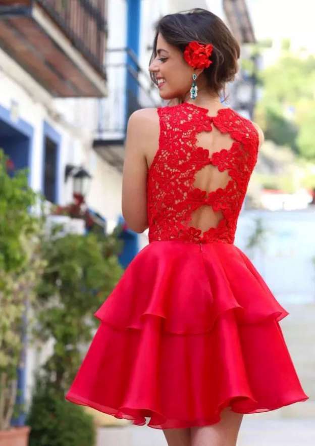 Chiffon Homecoming Ball Gown with Lace Bateau Short/Mini