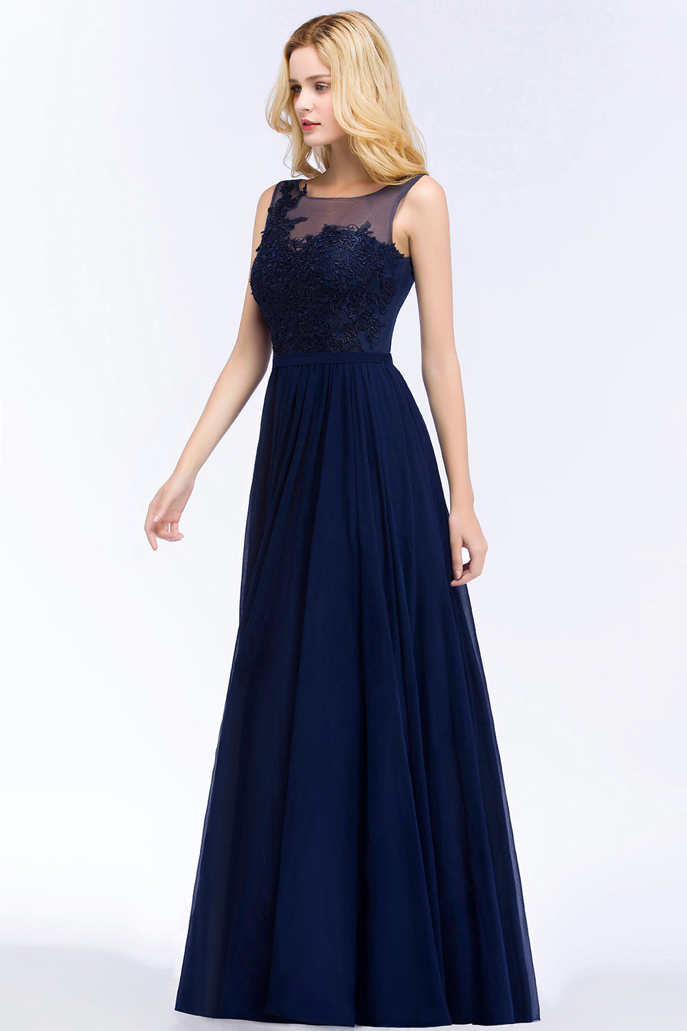 Chiffon Lace Appliques Affordable Navy Bridesmaid Dress Online