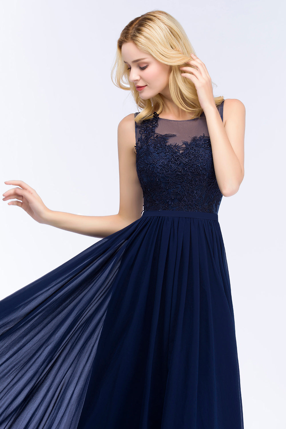 Chiffon Lace Appliques Affordable Navy Bridesmaid Dress Online