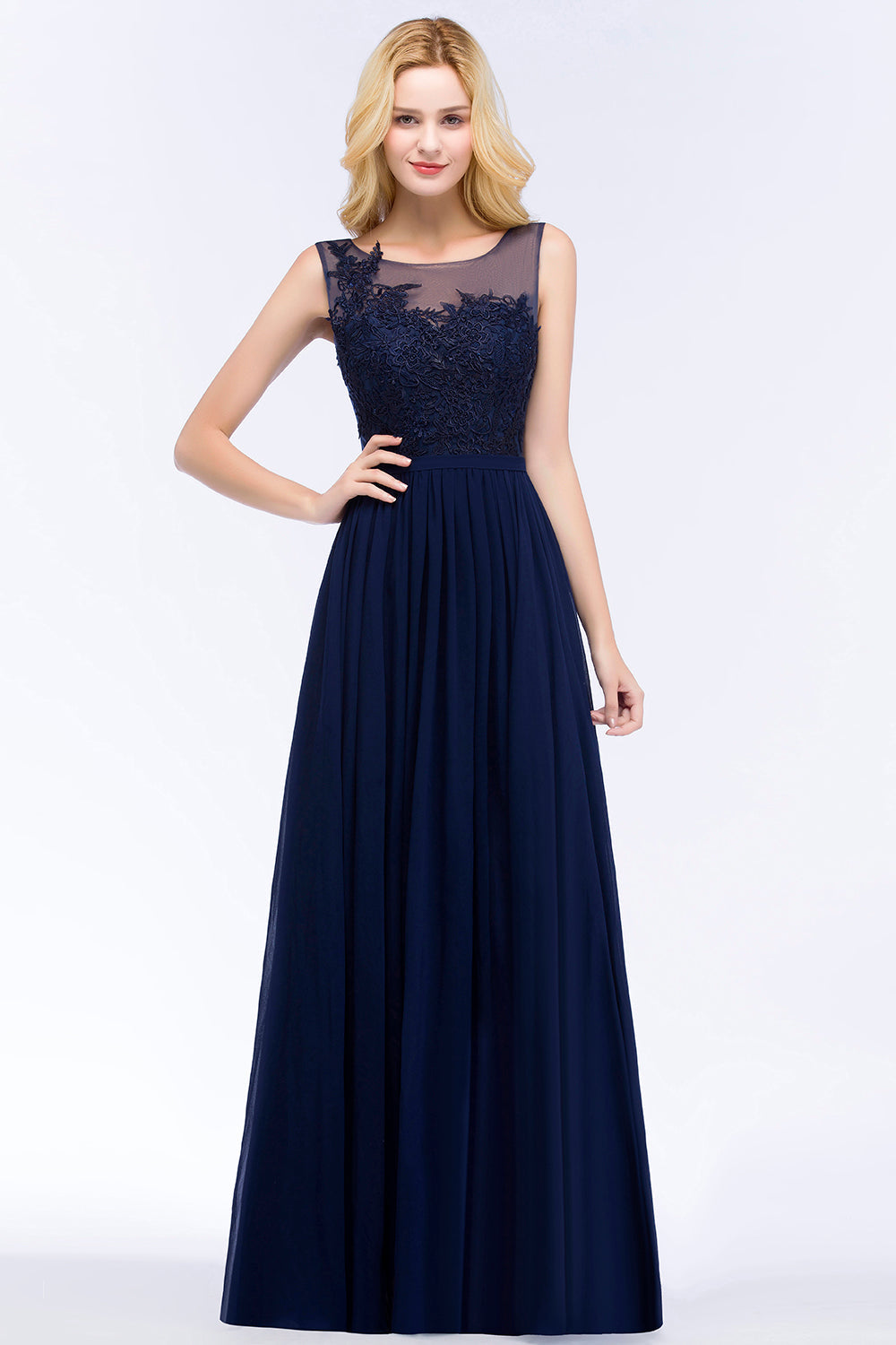 Chiffon Lace Appliques Affordable Navy Bridesmaid Dress Online