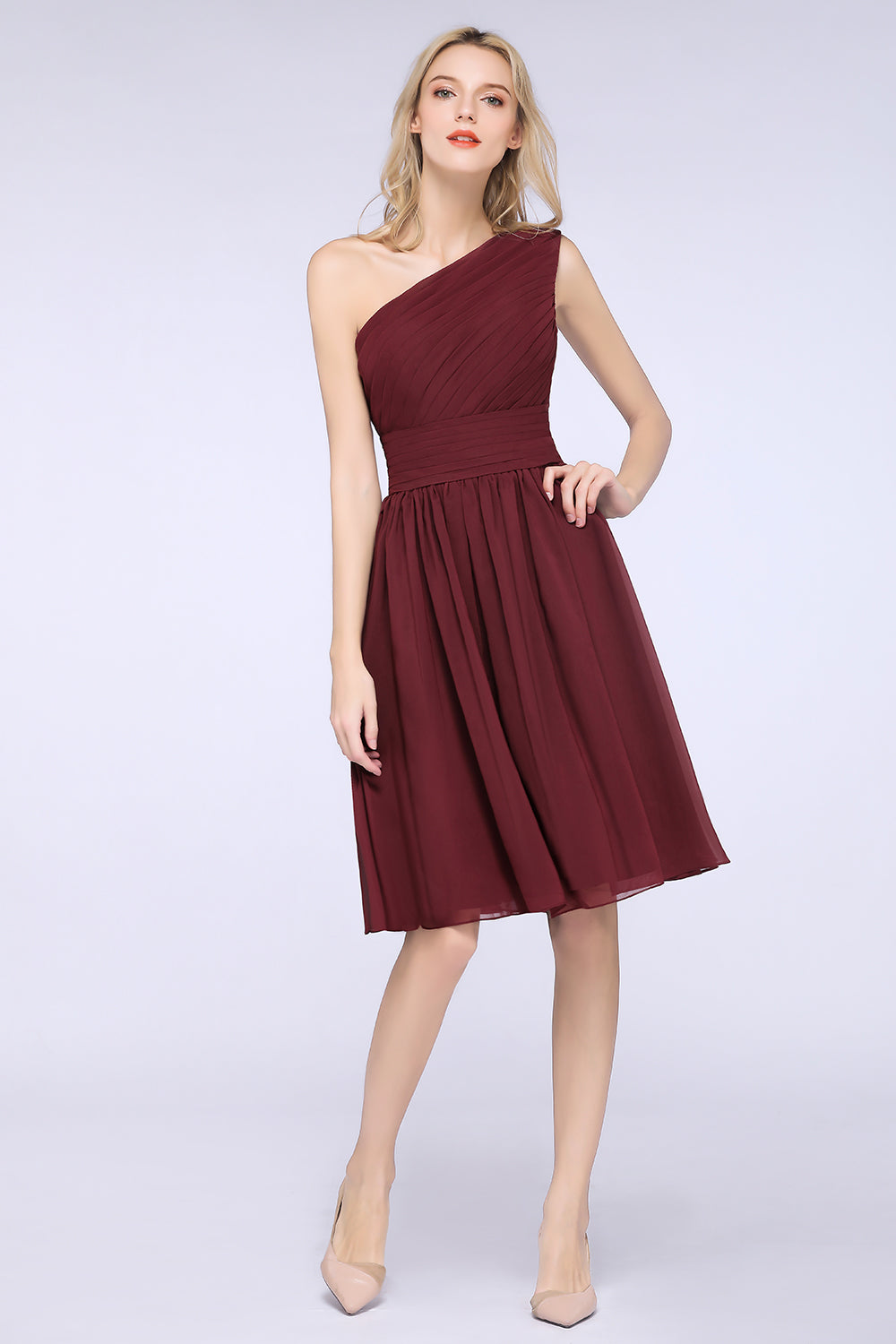 Chiffon One Shoulder Ruffle Short Burgundy Bridesmaid Dresses Online