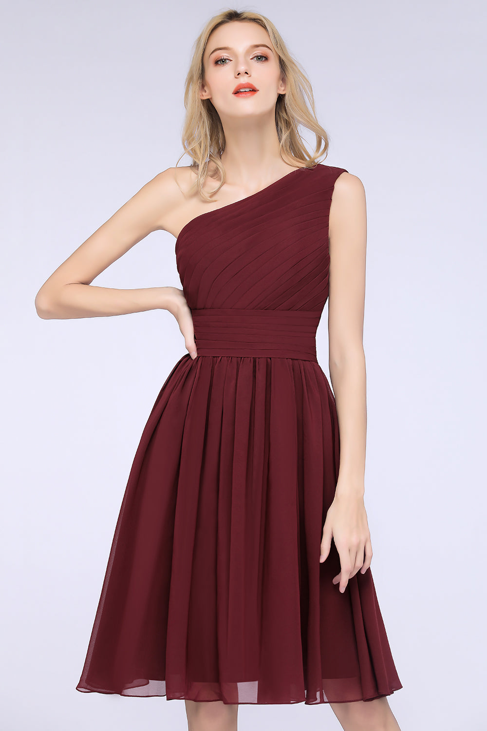 Chiffon One Shoulder Ruffle Short Burgundy Bridesmaid Dresses Online