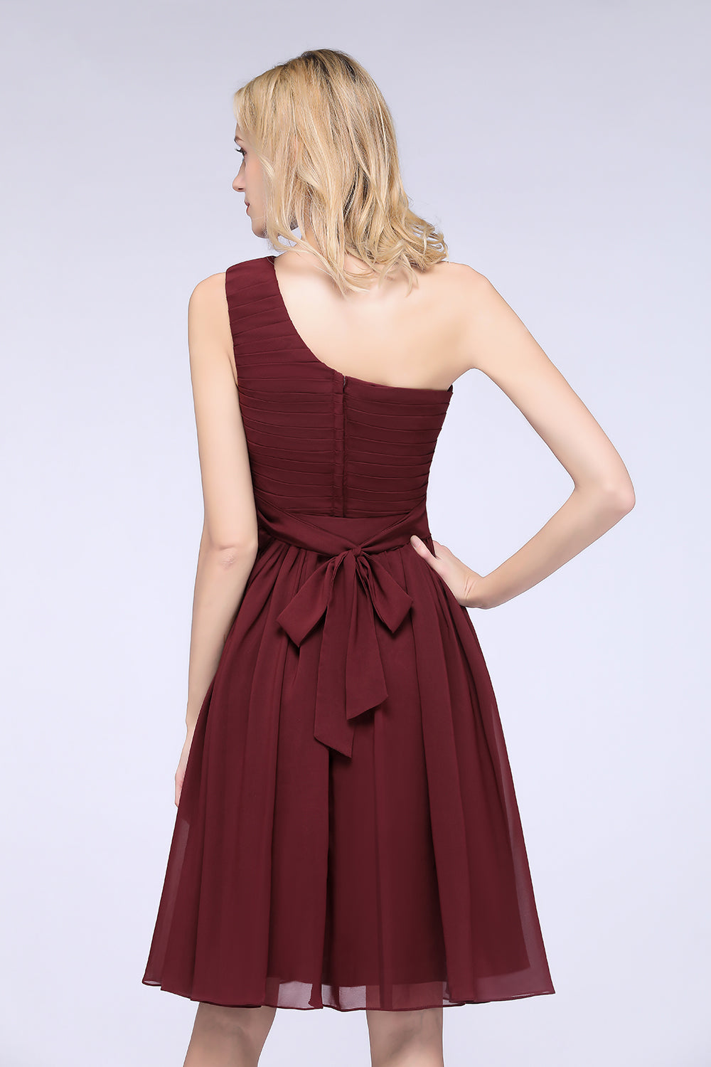 Chiffon One Shoulder Ruffle Short Burgundy Bridesmaid Dresses Online