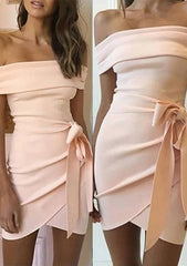Sheath/Column Off-the-Shoulder Short Sleeve Homecoming Dress with Split and Bandage Detail