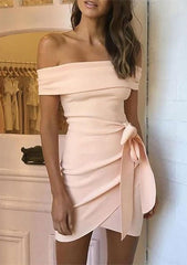 Sheath/Column Off-the-Shoulder Short Sleeve Homecoming Dress with Split and Bandage Detail