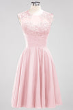 Cute Chiffon Round Neck Short Burgundy Bridesmaid Dresses with Appliques