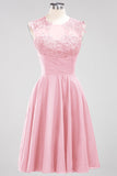 Cute Chiffon Round Neck Short Burgundy Bridesmaid Dresses with Appliques