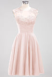 Cute Chiffon Round Neck Short Burgundy Bridesmaid Dresses with Appliques