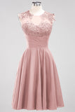 Cute Chiffon Round Neck Short Burgundy Bridesmaid Dresses with Appliques