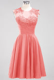 Cute Chiffon Round Neck Short Burgundy Bridesmaid Dresses with Appliques