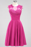 Cute Chiffon Round Neck Short Burgundy Bridesmaid Dresses with Appliques