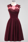 Cute Chiffon Round Neck Short Burgundy Bridesmaid Dresses with Appliques