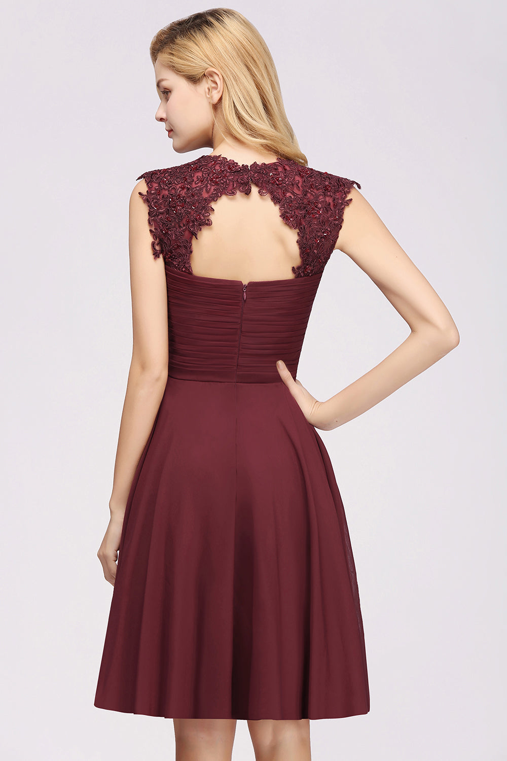 Cute Chiffon Round Neck Short Burgundy Bridesmaid dresses with Appliqu Newinlook Cute Chiffon Round Neck Short Burgundy Bridesmaid dresses with Appliqu Newinlook