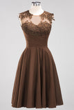 Cute Chiffon Round Neck Short Burgundy Bridesmaid Dresses with Appliques