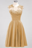 Cute Chiffon Round Neck Short Burgundy Bridesmaid Dresses with Appliques