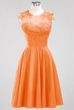 Cute Chiffon Round Neck Short Burgundy Bridesmaid Dresses with Appliques