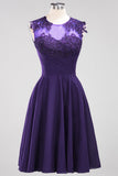 Cute Chiffon Round Neck Short Burgundy Bridesmaid Dresses with Appliques
