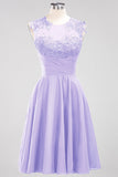 Cute Chiffon Round Neck Short Burgundy Bridesmaid Dresses with Appliques