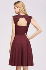 Cute Chiffon Round Neck Short Burgundy Bridesmaid Dresses with Appliques