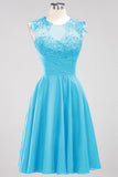 Cute Chiffon Round Neck Short Burgundy Bridesmaid Dresses with Appliques