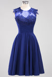 Cute Chiffon Round Neck Short Burgundy Bridesmaid Dresses with Appliques