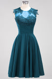 Cute Chiffon Round Neck Short Burgundy Bridesmaid Dresses with Appliques