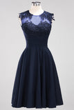 Cute Chiffon Round Neck Short Burgundy Bridesmaid Dresses with Appliques