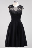 Cute Chiffon Round Neck Short Burgundy Bridesmaid Dresses with Appliques