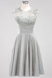 Cute Chiffon Round Neck Short Burgundy Bridesmaid Dresses with Appliques