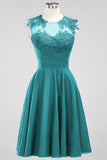 Cute Chiffon Round Neck Short Burgundy Bridesmaid Dresses with Appliques