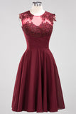 Cute Chiffon Round Neck Short Burgundy Bridesmaid Dresses with Appliques