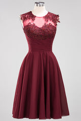Cute Chiffon Round Neck Short Burgundy Bridesmaid Dresses with Appliques