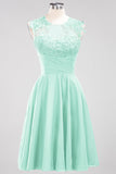 Cute Chiffon Round Neck Short Burgundy Bridesmaid Dresses with Appliques