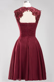 Cute Chiffon Round Neck Short Burgundy Bridesmaid Dresses with Appliques