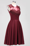 Cute Chiffon Round Neck Short Burgundy Bridesmaid Dresses with Appliques