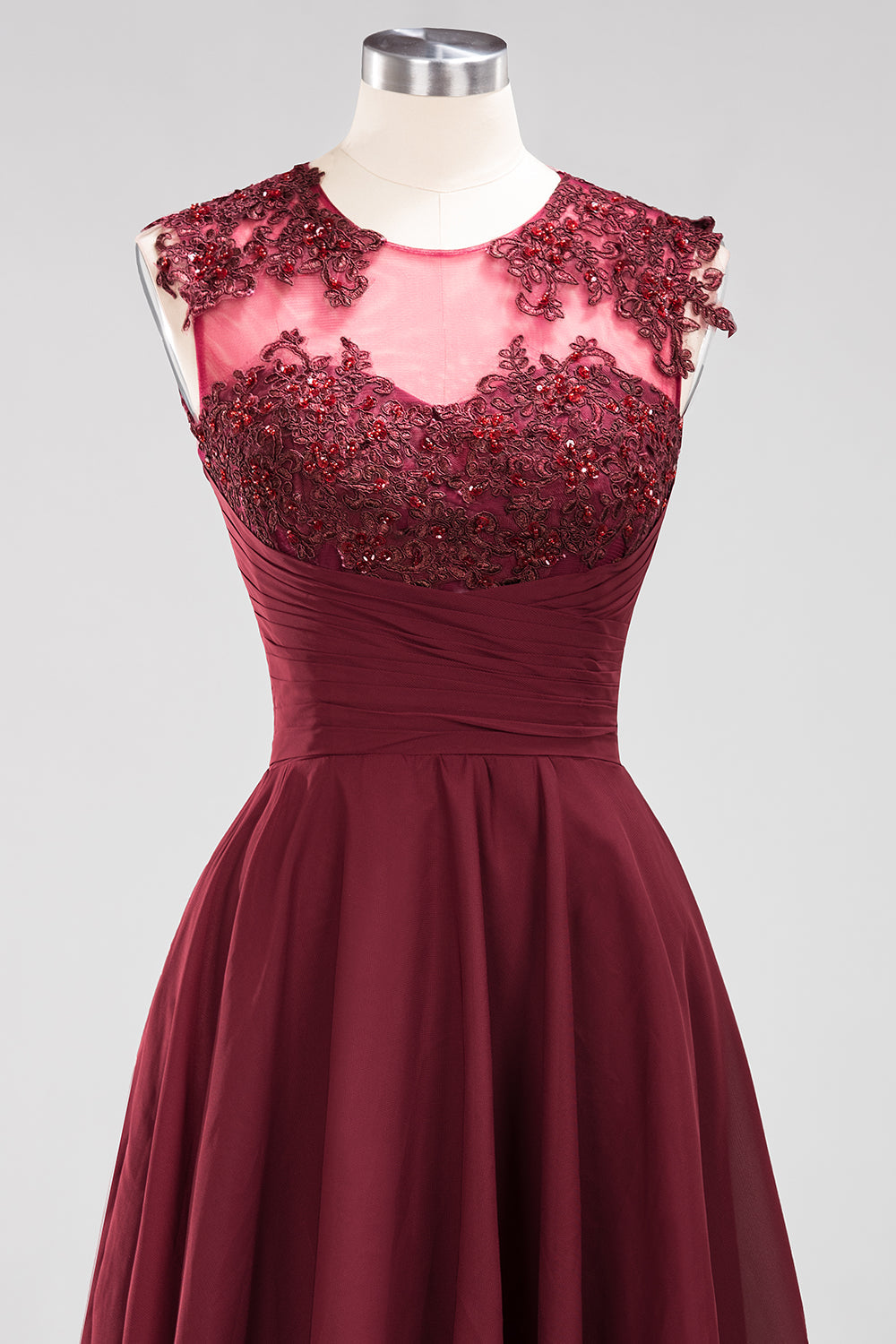 Cute Chiffon Round Neck Short Burgundy Bridesmaid Dresses with Appliques