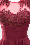 Cute Chiffon Round Neck Short Burgundy Bridesmaid Dresses with Appliques