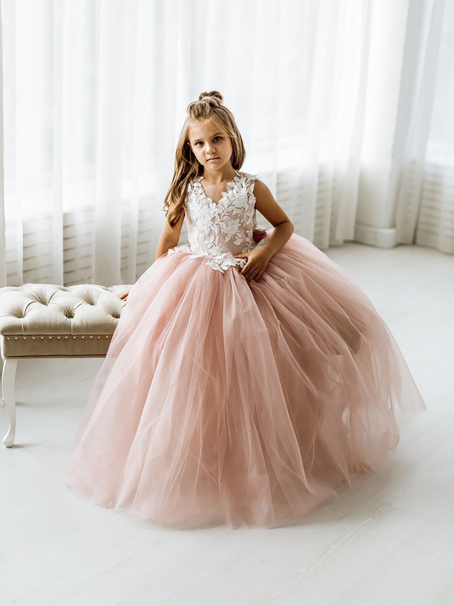 Cute Dusty Rose Puffy Lace Appliqued Sleeveless Flower Girl Dresses