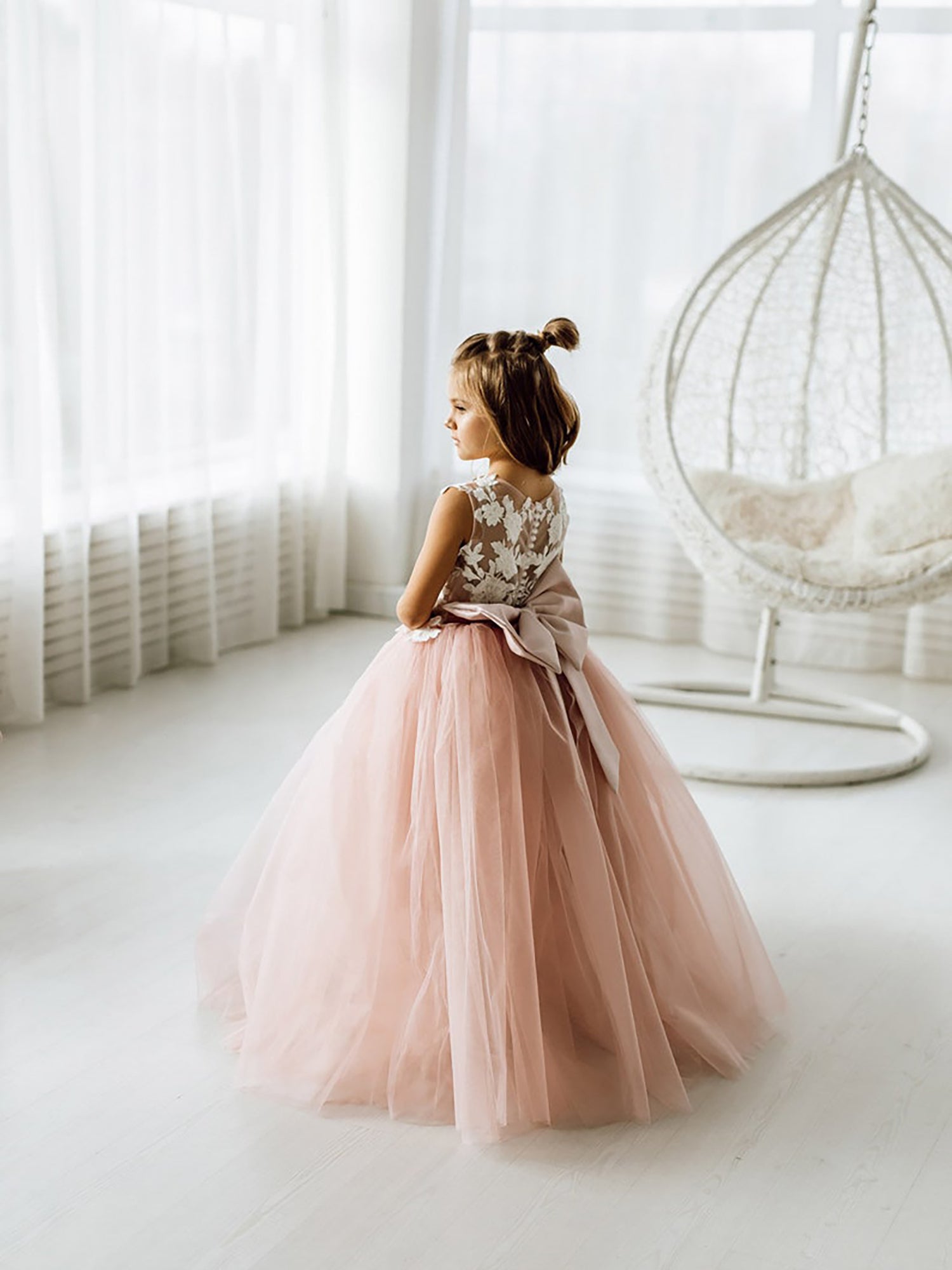 Cute Dusty Rose Puffy Lace Appliqued Sleeveless Flower Girl Dresses