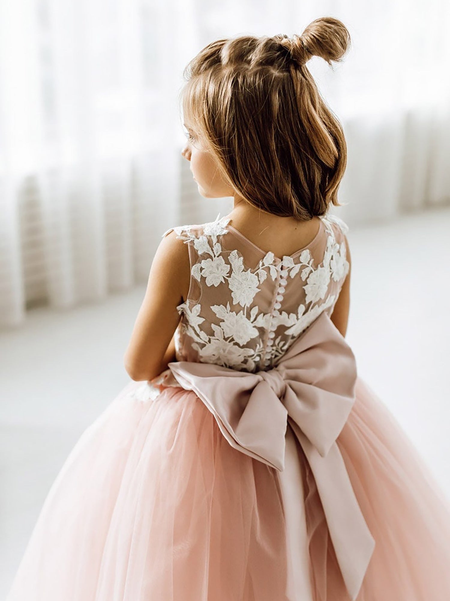 Cute Dusty Rose Puffy Lace Appliqued Sleeveless Flower Girl Dresses