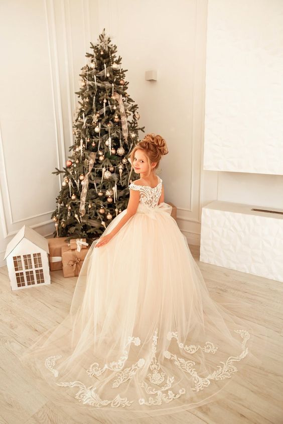 Cute Lace Tulle Flower Girl Dress Cap Sleeves